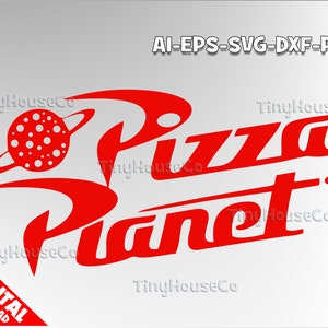 May include: Red and white logo for Pizza Planet, a fictional restaurant from the movie Toy Story. The logo features a red planet with white dots and a red ring around it. The words "Pizza Planet" are written in a red, stylized font.