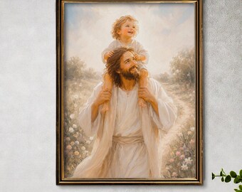 Jesus Carrying Child on His Shoulders Wall Art, Christian Nursery Decor, Jesus and Child Print, LDS Artwork, Baptism Gift, Physical Print
