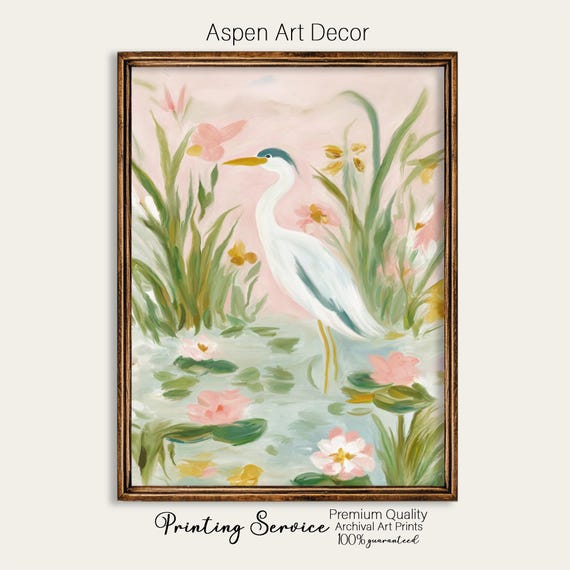 Egret Marsh Art Print: Painterly Bird Wildlife Canvas, Grandmillenial Coastal Cottage Decor