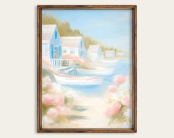 Coastal Cottage Wall Art, Blue Seaside House Print, Boats and Pink Hydrangeas Summer Painting