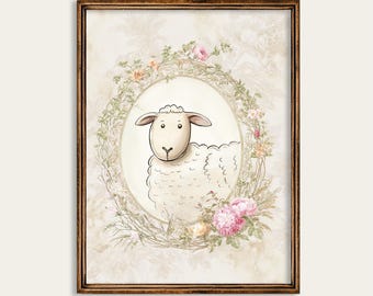 Vintage Lamb Art Print, Cottagecore Nursery Wall Decor, Botanical Baby Animal Illustration (Digital Download) A56