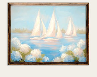 Segelboot Hydrangea Küsten Preppy Kunstdruck, Beachy Grandmillenial Cottagecore (digitaler Download)