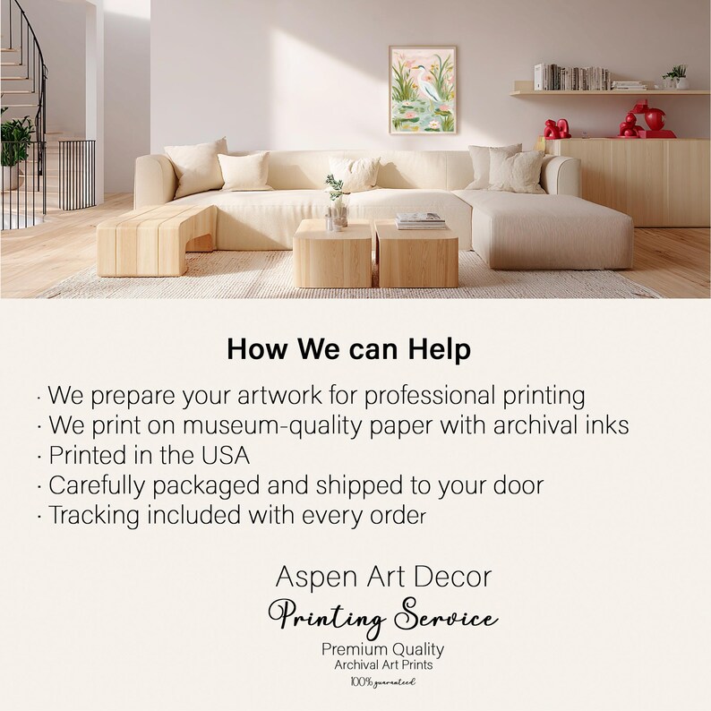 May include: A living room scene featuring a beige sectional sofa, wooden coffee tables, and a framed artwork. The text "How We can Help" is displayed, followed by details about professional printing, archival inks, and printing in the USA.