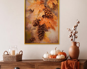 Autumn Pinecones with Golden Leaves: Farmhouse Decor, Vintage Fall Forest Oil Painting  (Digital Download)