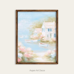 Beach Cottage Wall Art, Grandmillenial Coastal Seaside House Print, Boats and Hydrangeas Summer Painting