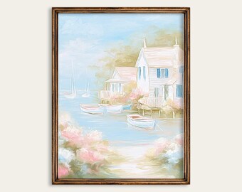 Beach Cottage Wall Art, Grandmillenial Coastal Seaside House Print, Boats and Hydrangeas Summer Painting