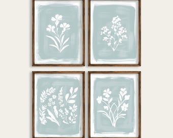 Blue Botanical Gallery Wall Art Set: Floral Silhouette Prints (Digital Download)