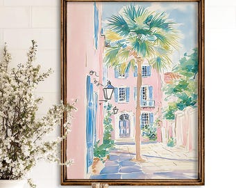 Muurdecoratie met afbeelding van een roze steeg in Charleston, print met zuidelijke kustthema, preppy decoratie in Grandmillennial-stijl, digitale download.