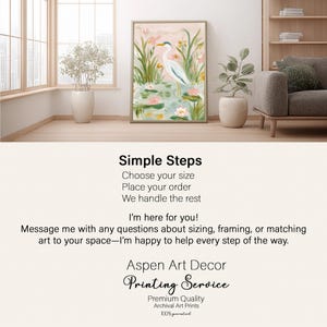 May include: A framed art print featuring a watercolor painting of a white heron in a pond with pink and yellow flowers. The text "Simple Steps" and "Aspen Art Decor Printing Service" are also visible.