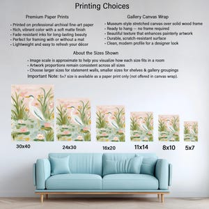 May include: An image showcasing various sizes of art prints, including 30x40, 24x30, 16x20, 11x14, 8x10, and 5x7 inches. The artwork depicts a serene scene with a white bird in a pond with lily pads and reeds. The text "Printing Choices" is at the top.