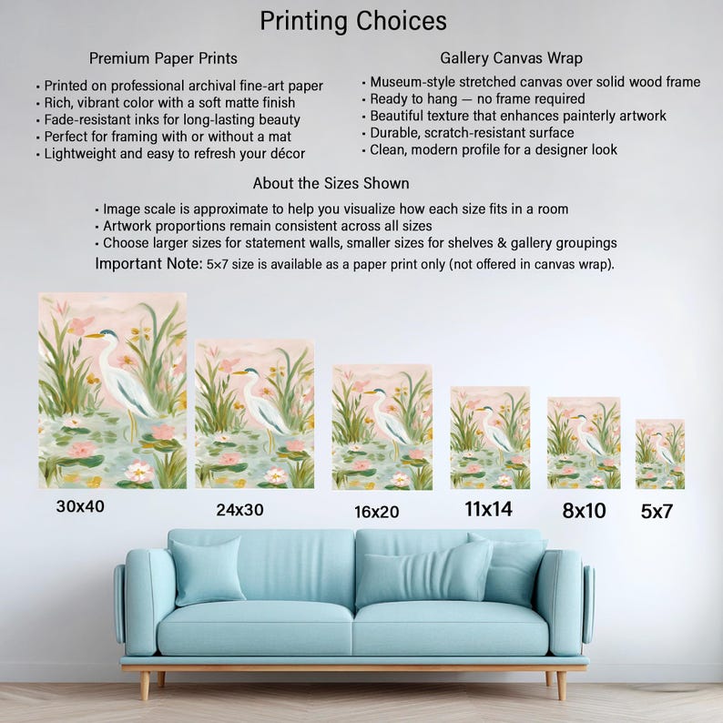 May include: An image showcasing various sizes of art prints, including 30x40, 24x30, 16x20, 11x14, 8x10, and 5x7 inches. The artwork depicts a serene scene with a white bird in a pond with lily pads and reeds. The text "Printing Choices" is at the top.