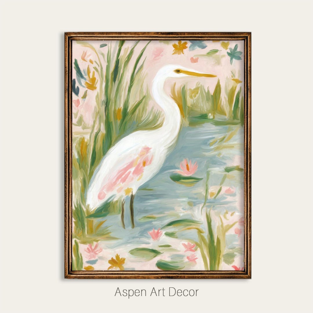 White Egret Wall Art, Grandmillennial Coastal Bird Painting, Marshland ...