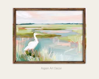 Pastel Marsh Bird Art Print, Soft Painterly Landscape, Coastal Cottage Wall Decor (Digital Download) A112