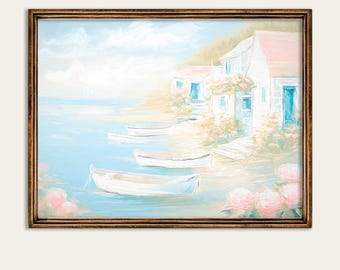Arte mural de casa de playa preppy de Nantucket, impresión costera de verano preppy, obra de arte Blue Hampton Seaside