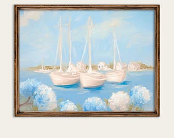 Sailboat Harbor Print, Blue Hydrangeas, Coastal Seascape (Digital Download)