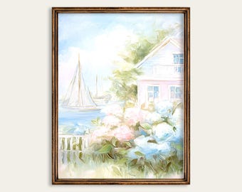 Sailboat Coastal Wall Art, Nautical Cottage Print, Hydrangeas and Seaside Summer Painting