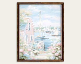 Nautical Harbor Wall Art, Sailboat Coastal Print, Pink Cottage and Hydrangeas Seaside Landscape