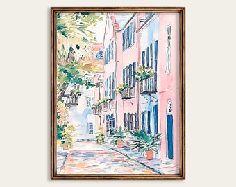 Charleston Rainbow Row Print: Pastel Zuidelijke Kustkunst (Digitale Download)