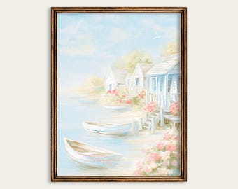 Seaside Cottage Wall Art, Coastal Summer Print, Boats and Hydrangeas Nautical Beach Painting