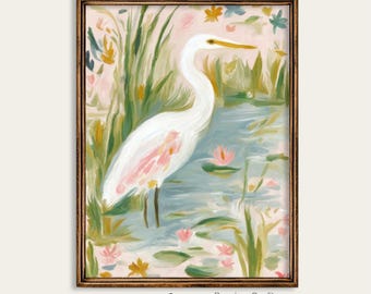 White Egret Wall Art Mailed Print, Grandmillennial Coastal Bird Painting,