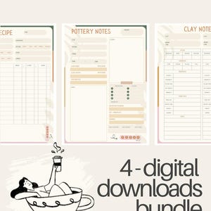 May include: A digital download bundle featuring four printable pages: a recipe sheet, and three pottery notes pages. The pages have a neutral color scheme with a decorative illustration of a person relaxing in a teacup. Text on the image reads "4-digital downloads bundle."