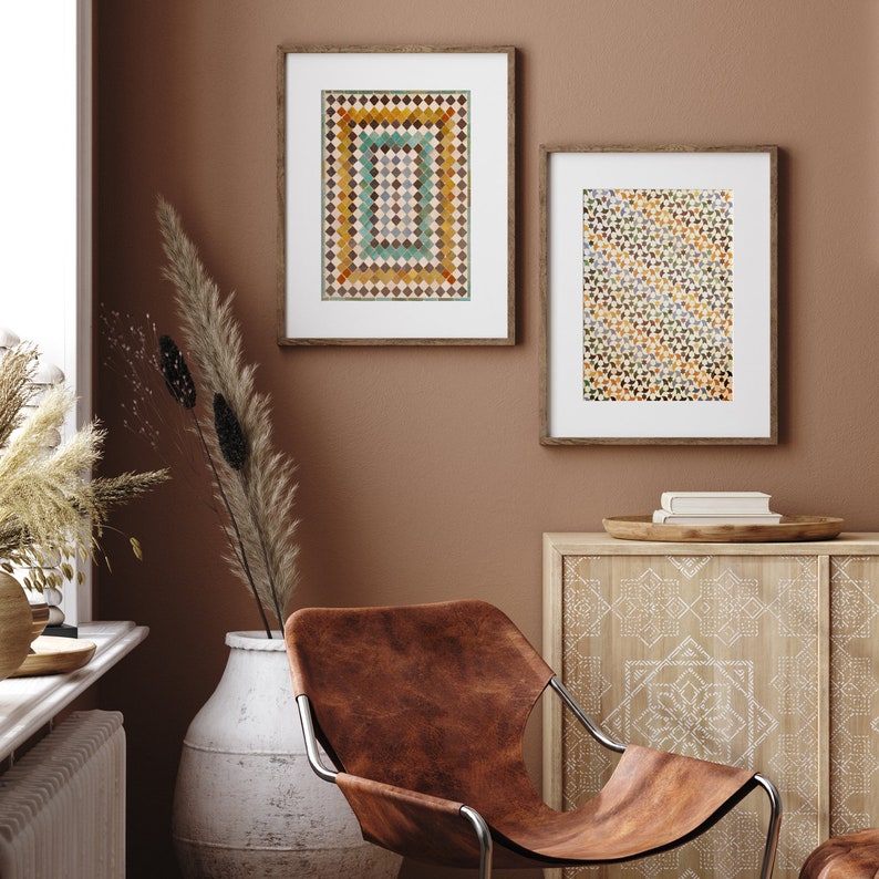 2 Pieces Geometric Wall Art, Tiles Gallery Wall, Diptych Above the Bed