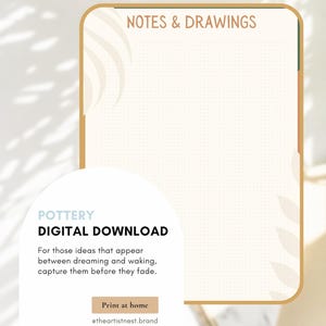 May include: Digital download titled "Pottery" with the text "Notes & Drawings." The design features a cream-coloured background with a dotted grid, a gold border, and a white circular element with text: "For those ideas that appear between dreaming and waking, capture them before they fade."