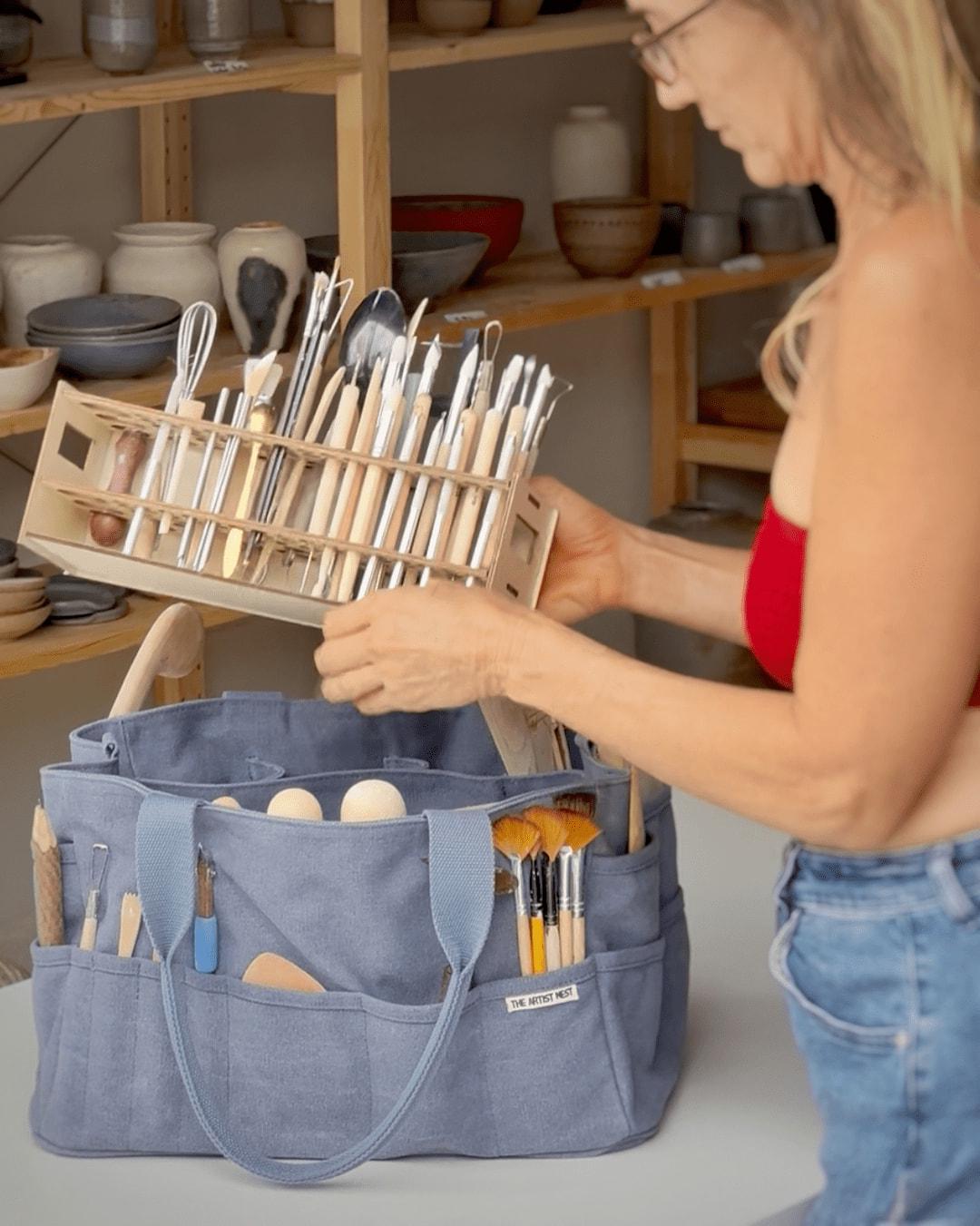 Pottery Tool Bag plus Insert Tool Rack Big Canvas Artist Tote Blue Organization Multipockets