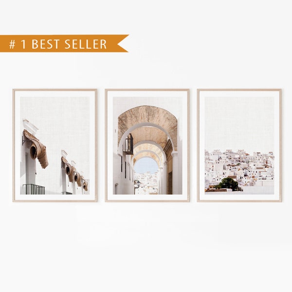 Bestseller Spanien Druck Set von 3 - Scandi Kunstgalerie Wand - Foto-Set Leinwand spanischen Künstler - weiße Stadt Trio Foto-Set - Geschenk neue Heimat