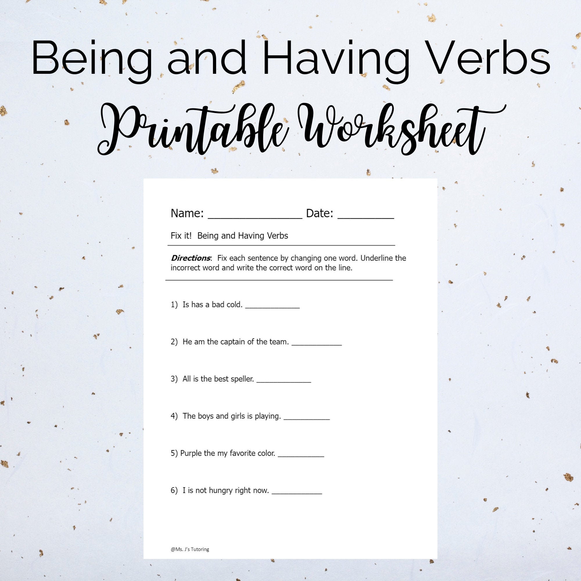 Being And Having Verbs Printable Exercise Worksheet Grade 4 Etsy