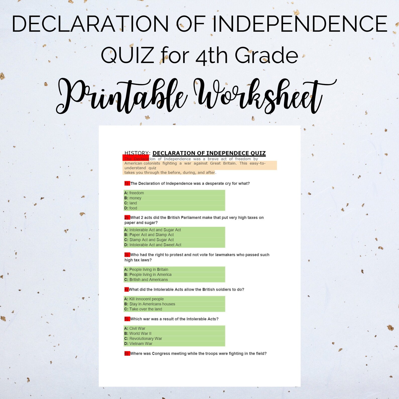 Declaration of Independence Quiz for 4th Grade Printable Etsy
