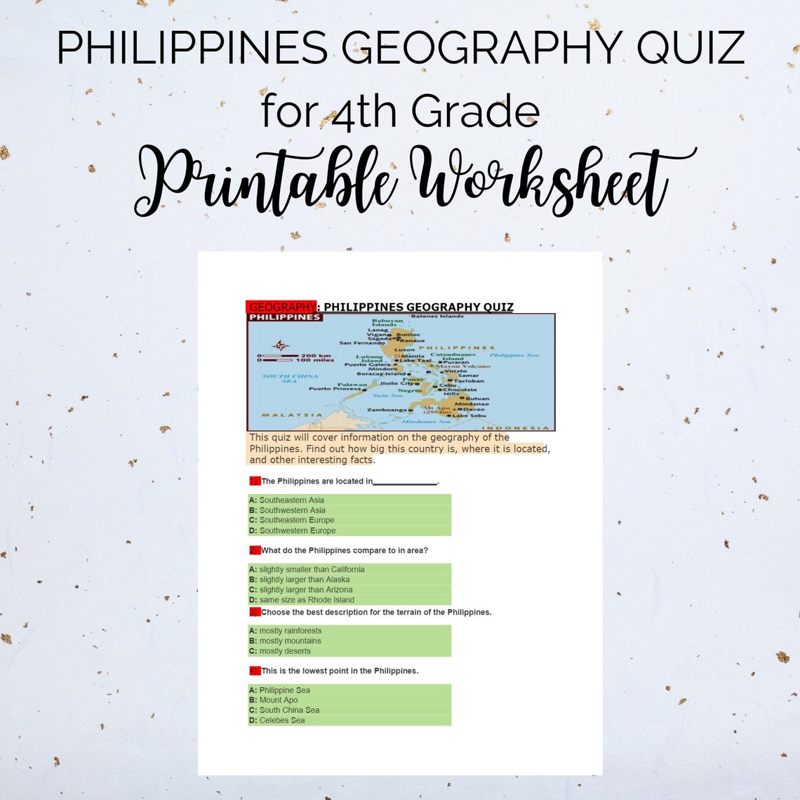 PHILIPPINES GEOGRAPHY QUIZ for 4th Grade Printable Exercise Etsy