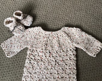 6-9 months crochet baby sweater with matching leather soled booties