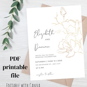 Elizabeth Gold White Wedding Invitation Template, Editable Wedding Invite Template, Printable, Download, DIY, Floral