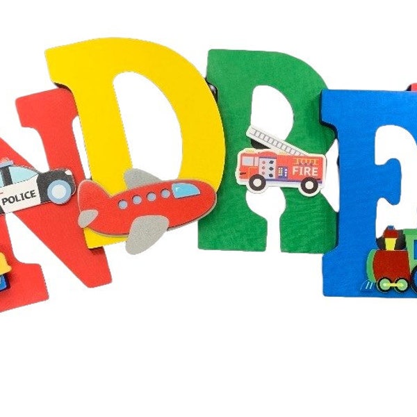 Nursery Toddler wall letters -Transportation theme nursery-letters-Firetruck Trains- Polish car- motorcycle,  Nursery name sign