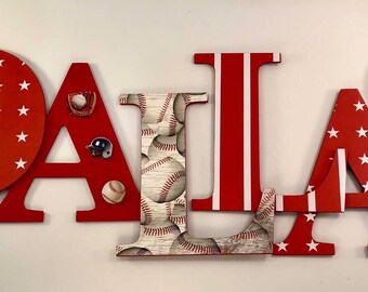 Letras para guardería infantil: letras rojas de béisbol para niño, decoración roja para baby shower de niño, letras de béisbol, letrero con el nombre para la guardería infantil con temática de béisbol para niño.