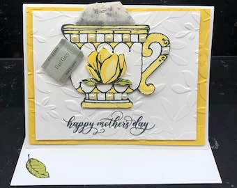 Mothers Day Yellow Magnolia Teacup with Pearls Blank Card