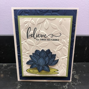Believe all Things are Possible Navy Lotus Flower on Lily Pad Blank Card