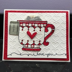 I love you Red Teacup with Pearls & Rhinestones Blank Card