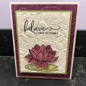 Believe all Things are Possible Raspberry Lotus Flower on Lily Pad Blank Card