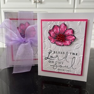 Set of 4 Bless the Lord Oh My Soul Psalm 103:1 Pink Bling Flower Blank Greeting Cards