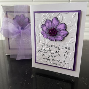 Set of 4 Bless the Lord Oh My Soul Psalm 103:1 Purple Bling Flower Blank Greeting Cards