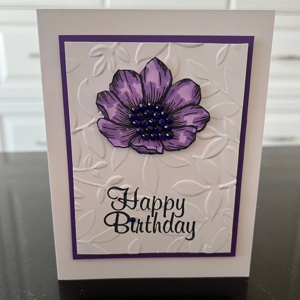 Happy Birthday Purple Bling Flower Blank Card