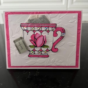 Dark Positively Pink Magnolia Bling Teacup Blank Card