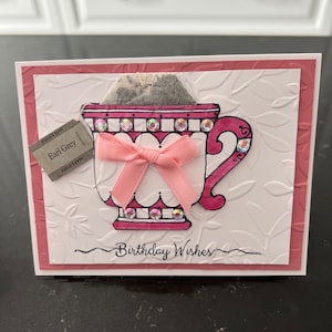 Birthday Wishes Rococo Rose Bling Teacup with Earl Gray tea bag Blank Card