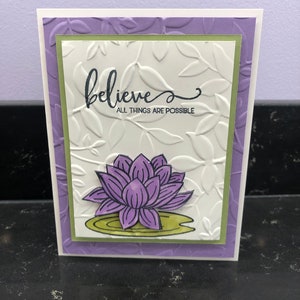 Believe all Things are Possible Lavender Lotus Flower on Lily Pad Blank Card