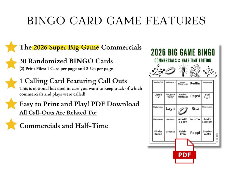 2026 Big Game Bingo | Commercials & Half-time, 30 Cards (printable PDF ...