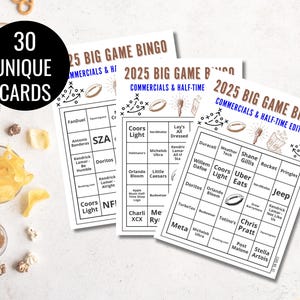 2025 スーパービッグゲームビンゴカード 30 枚 | コマーシャルとハーフタイム用のスーパーゲームビンゴ | ビッグゲームコマーシャル用のフットボールビンゴ
