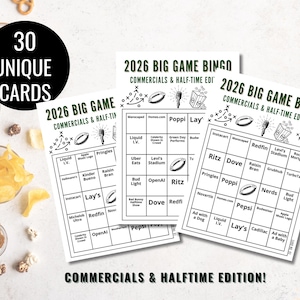 2026 Big Game Bingo | Commercials & Half-Time, 30 Cards (Printable PDF)