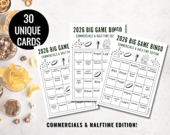 2026 Big Game Bingo | Commercials & Half-Time, 30 Cards (Printable PDF)